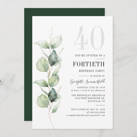 Invitation Green Eucalyptus 40e anniversaire (Devant / Derrière)