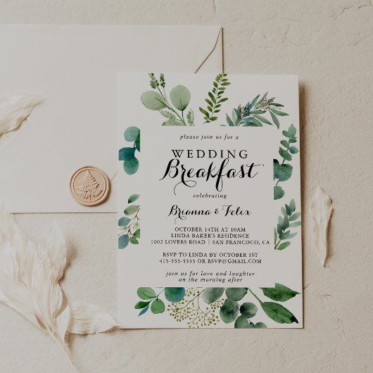 Invitation Green Eucalyptus Calligraphy Mariage Petit déjeune
