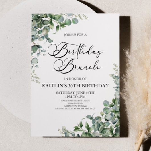 Invitation Green Eucalyptus Feuille Botanical Birthday Brunch