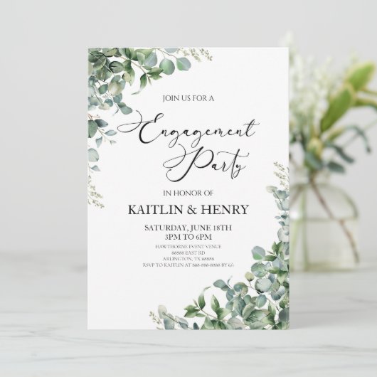 Invitation Green Eucalyptus Feuille Botanical Engagement Part (Debout devant)