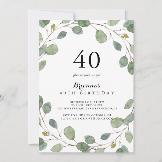Invitation Green Eucalyptus Foliage 40e fête d'anniversaire (Devant)