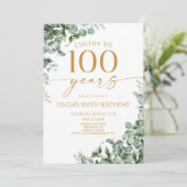 Invitation Green Eucalyptus Gold 100th Birthday Party (Debout devant)