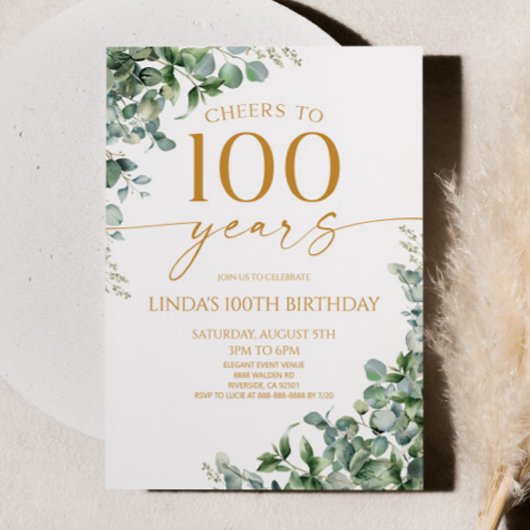 Invitation Green Eucalyptus Gold 100th Birthday Party