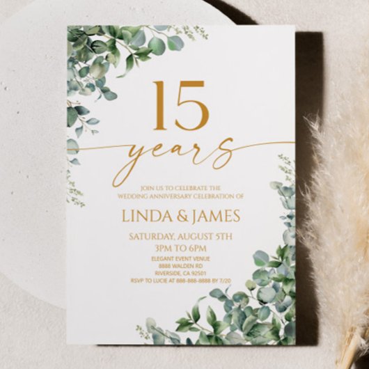 Invitation Green Eucalyptus Gold 15e anniversaire Mariage