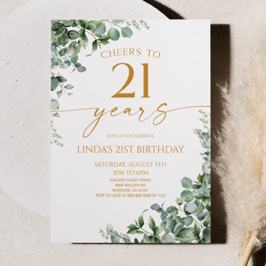 Invitation Green Eucalyptus Gold 21st Birthday Party