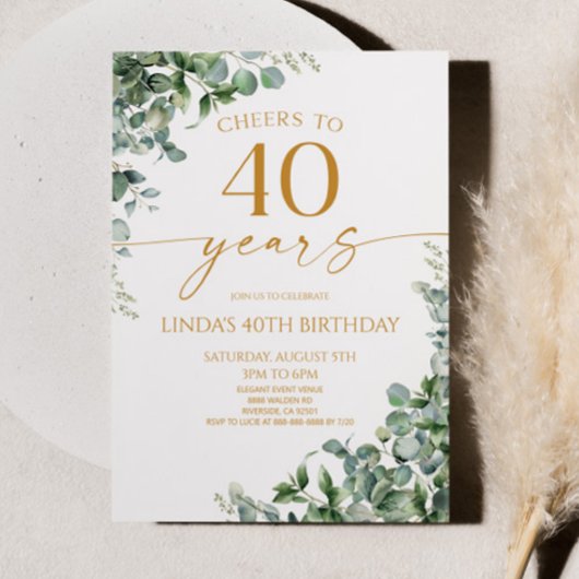 Invitation Green Eucalyptus Gold 40th Birthday Party