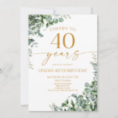 Invitation Green Eucalyptus Gold 40th Birthday Party (Devant)