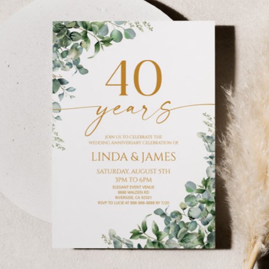 Invitation Green Eucalyptus Gold 40th Wedding Anniversary