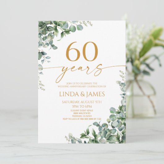 Invitation Green Eucalyptus Gold 60th Wedding Anniversary (Debout devant)
