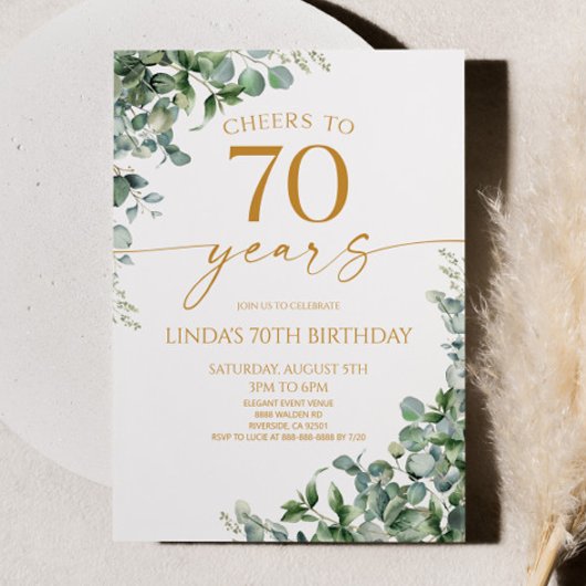Invitation Green Eucalyptus Gold 70e fête d'anniversaire