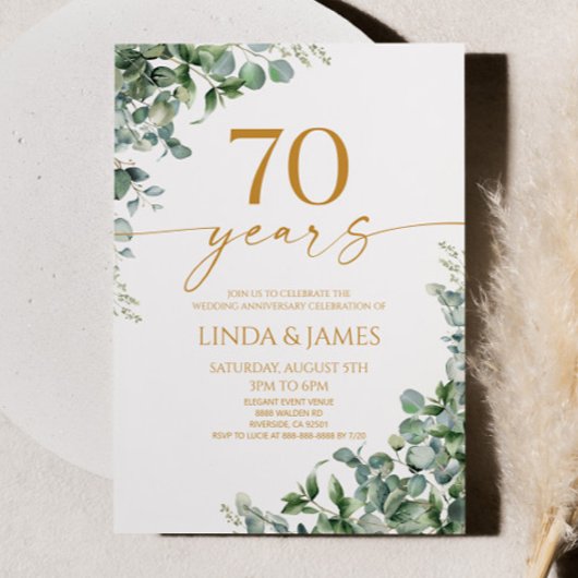 Invitation Green Eucalyptus Gold 70th Wedding Anniversary