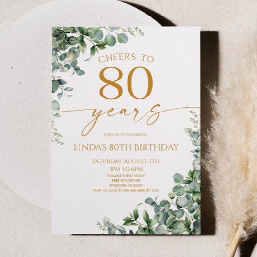 Invitation Green Eucalyptus Gold 80th Birthday Party