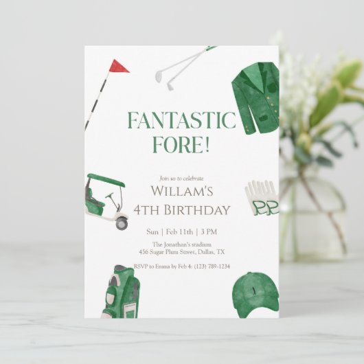 Invitation Green Fantastic Fore Preppy Golf Kids Birthday (Debout devant)