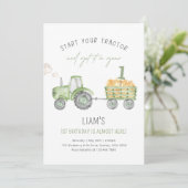 Invitation Green Farm Tractor 1st Birthday Party (Debout devant)