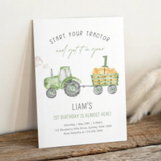 Invitation Green Farm Tractor 1st Birthday Party