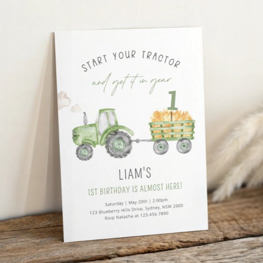 Invitation Green Farm Tractor 1st Birthday Party