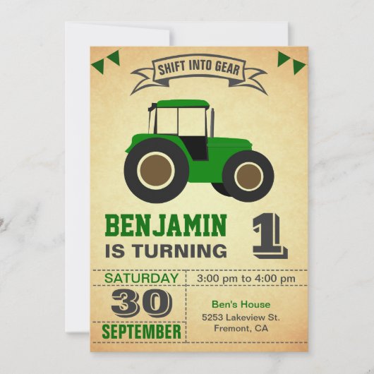 Invitation Green Farm Tractor Anniversaire de enfant Party (Devant)