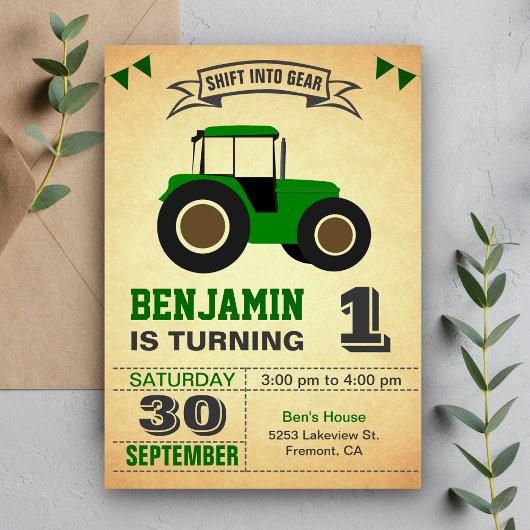 Invitation Green Farm Tractor Anniversaire de enfant Party