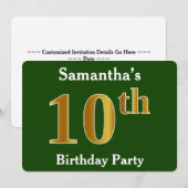 Invitation Green, Faux Gold 10e fête d'anniversaire + Nom per (Devant / Derrière)