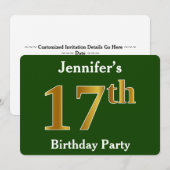 Invitation Green, Faux Gold 17th Birthday Party + Nom personn (Devant / Derrière)