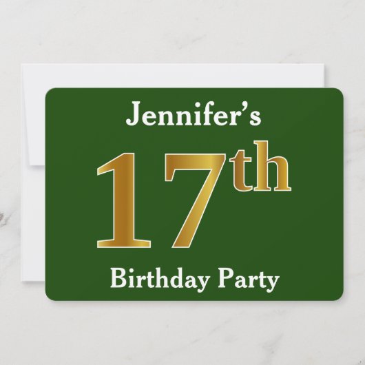 Invitation Green, Faux Gold 17th Birthday Party + Nom personn (Devant)