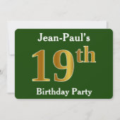 Invitation Green, Faux Gold 19e fête d'anniversaire + Nom per (Devant)