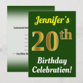 Invitation Green, Faux Gold 20th Birthday Celebration + Nom (Devant / Derrière)