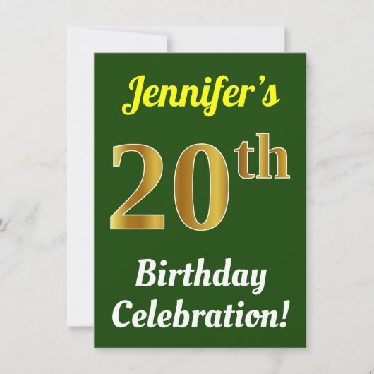 Invitation Green, Faux Gold 20th Birthday Celebration + Nom (Devant)
