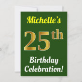Invitation Green, Faux Gold 25th Birthday Celebration + Nom (Devant)