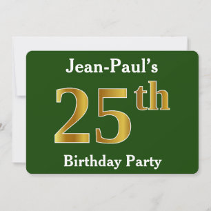 Invitation Green, Faux Gold 25th Birthday Party + Nom personn