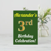 Invitation Green, Faux Gold 3ème anniversaire Célébration + N (Debout devant)