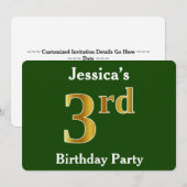 Invitation Green, Faux Gold 3ème fête d'anniversaire + Nom pe (Devant / Derrière)