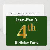 Invitation Green, Faux Gold 4e fête d'anniversaire + Nom pers (Devant / Derrière)
