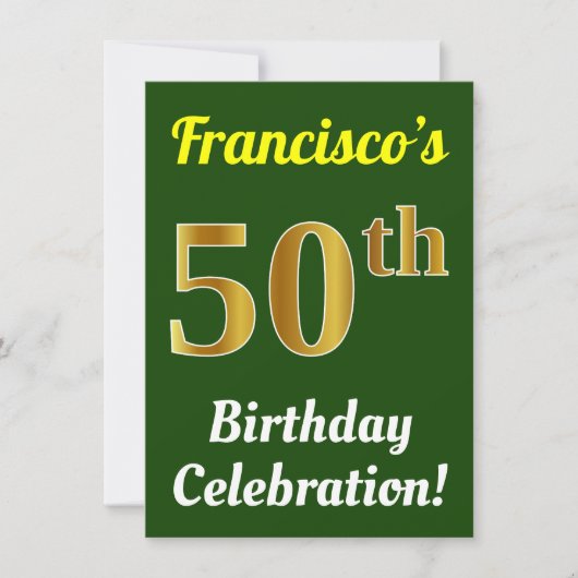 Invitation Green, Faux Gold 50th Birthday Celebration + Nom (Devant)