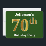 Invitation Green, Faux Gold 70th Birthday Party   Nom personn<br><div class="desc">Ce design d'invitation comporte le numéro ordinal "70th" avec une apparence d'or. Il comporte également un nom personnalisé et un arrière - plan vert. Les détails de l'événement sur le dos peuvent être personnalisés. Il pourrait être utilisé pour invitation des gens à la soixante-dixième fête d’anniversaire de quelqu’un. [~Z0000013]</div>