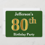 Invitation Green, Faux Gold 80th Birthday Party   Nom personn<br><div class="desc">Cette conception d'invitation comporte le numéro ordinal "80e" avec un aspect faux or. Il dispose également d'un nom personnalisé et d'un arrière - plan vert. Les détails de l'événement sur le dos peuvent être customisés. Il pourrait être utilisé pour les invitations à la fête du quatre-vingtième anniversaire de quelqu’un. [~Z0000013]...</div>