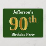 Invitation Green, Faux Gold 90th Birthday Party   Nom personn<br><div class="desc">Cette conception d'invitation comporte le numéro ordinal "90e" avec un aspect faux or. Il dispose également d'un nom personnalisable et d'un arrière - plan vert. Les détails de l'événement sur le dos peuvent être customisés. Il pourrait être utilisé pour les invitations à la fête du quatre-vingt-dixième anniversaire de quelqu’un. [~Z0000013]...</div>