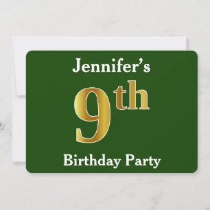 Invitation Green, Faux Gold 9e fête d'anniversaire + Nom pers