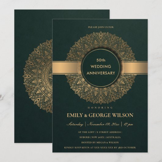 INVITATION GREEN FAUX GOLD MANDALA TOUTE L'ANNÉE 50E ANNIVERS (Devant / Derrière)