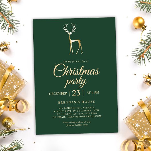 Invitation Green Festive Reindeer Élégante fête de Noël