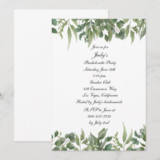 Invitation Green Feuille Green Foliage Bachelorette Party (Devant / Derrière)