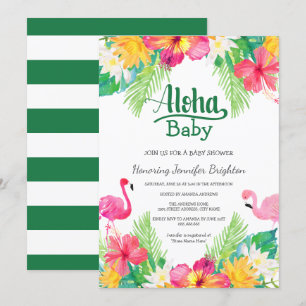 Invitation Green   Flamant rose tropical Baby shower Luau