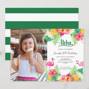 Invitation Green Flamant rose tropical Luau Photo Anniversa