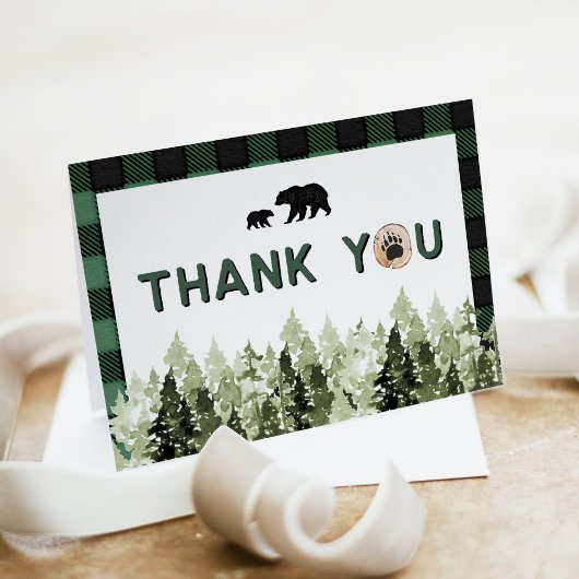 Invitation Green Flannel Bear Pine Tree Thank You Card