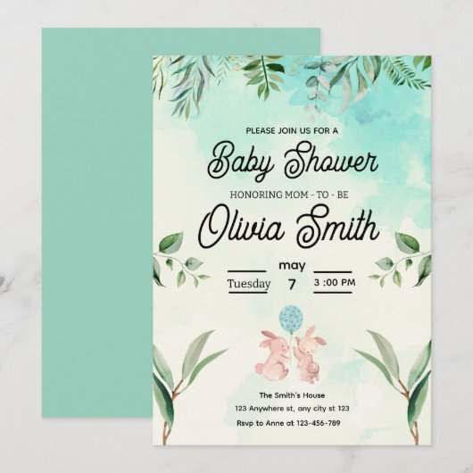 Invitation Green Floral Baby Shower, Spring Baby Shower (Devant / Derrière)