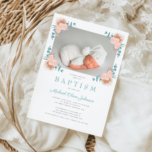 Invitation Green Floral Elegant Boy Photo Baptême