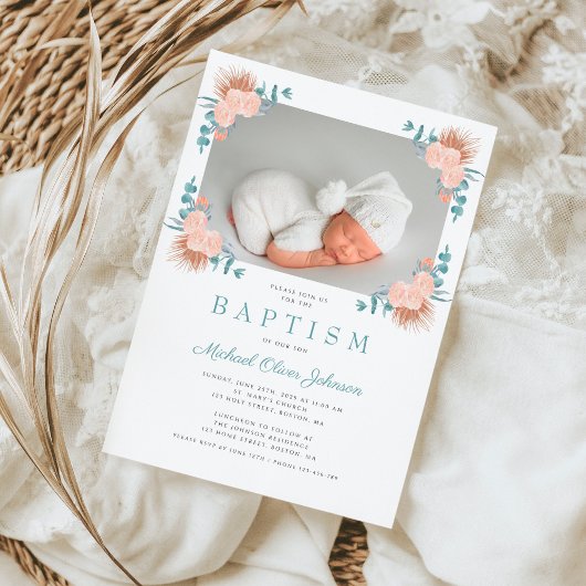 Invitation Green Floral Elegant Boy Photo Baptême
