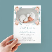 Invitation Green Floral Elegant Boy Photo Baptême