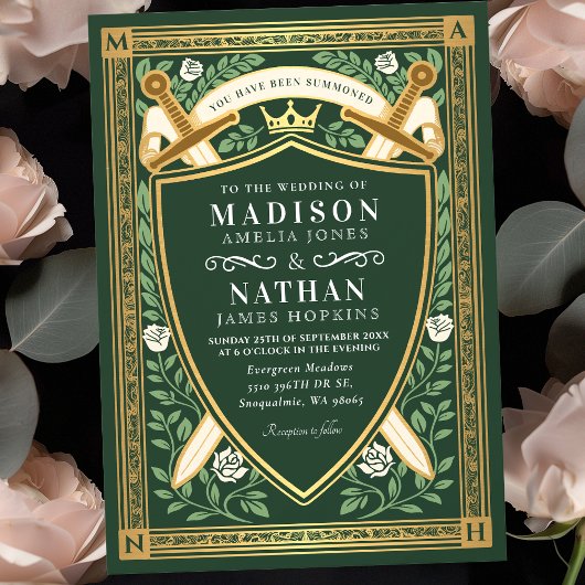 Invitation Green Floral Fantasy Sword Shield Monogram Wedding
