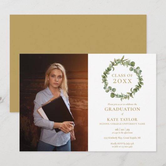 Invitation Green Floral Garland Photo Graduation Party Inv (Devant / Derrière)